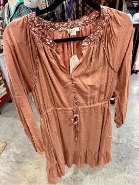 Hem & Thread Long-Sleeve Boho Dress in Dusty Rose with Floral Trim